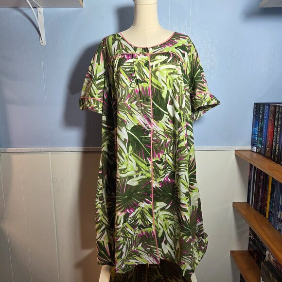Adonna Woman 1X Bright Green Pink Shortsleeve Button Up Lightweight House Dress - Picture 1 of 9